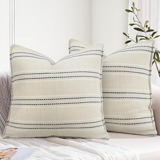 20X20 Decorative Farmhouse Linen Throw Pillow Covers, Boho Textured Pillow Case Set of 2,Beige with White & Blue Stitch Yarn Dyed Stripe Cushion Cover ,Modern Accent Square Pillowcase for Sofa Couch