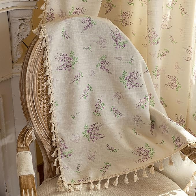OYX Purple Boho Floral Curtains 96 Inch Length 2 Panels for Living Room, Bedroom Light Filtering Drapes, Farmhouse Country French Rustic Tassels Patterned Rod Pocket Aesthetic Decor Window Treatments