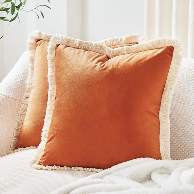 MONDAY MOOSE Decorative Throw Pillow Covers Cushion Cases, Set of 2 Soft Velvet Modern Fringe Tassel Designs, Mix and Match for Home Decor, Pillow Inserts Not Included (Orange, 18x18 inch)
