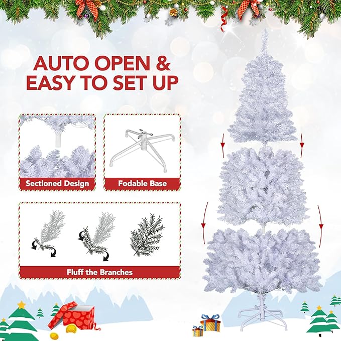 NALONE 6FT White Pre-Lit Christmas Tree with Remote Control and Timer, Artificial Full Spruce Christmas Tree with Warm White/Multi-Color Lights, 9 Lighting Modes