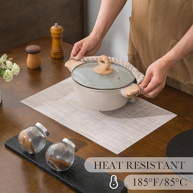 BACKTOEDEN Placemats Set of 6 Heat Resistant Washable Wipeable Placemat Woven Non-Slip Foldable Vinyl/Plastic Place Mats Indoor/Outdoor Mat Kitchen Dining Table Pad, Beige