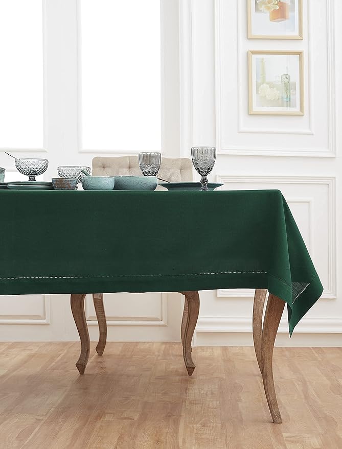 Solino Home Linen Tablecloth 60 x 90 Inch - Classic Hemstitch 100% Pure Linen Rainforest Green Table Cloth for Rectangle Tables - Machine Washable Tablecloth for Fall, Thanksgiving, Christmas, Winter