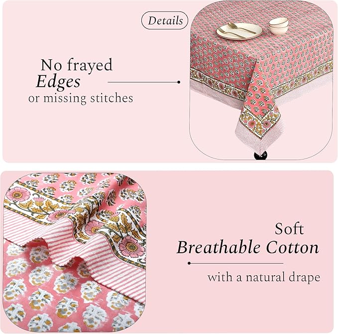 CPC Tablecloth 100% Cotton 80x120 Inch Indian Block Print Rectangle Table Cover, Washable Table Cloth for Weddings, Spring/Summer, Barbeque - Poppy Pink