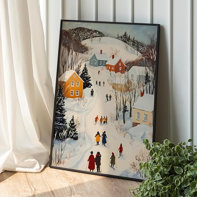 OZCONO Winter Town Wall Art for Christmas Home Decor, Cozy Snowy Village Scene for Holiday, Vintage Winter Artwork, Farmhouse Seasonal Home Accent, Xmas Print, Noel Design (Unframed) (11x14)
