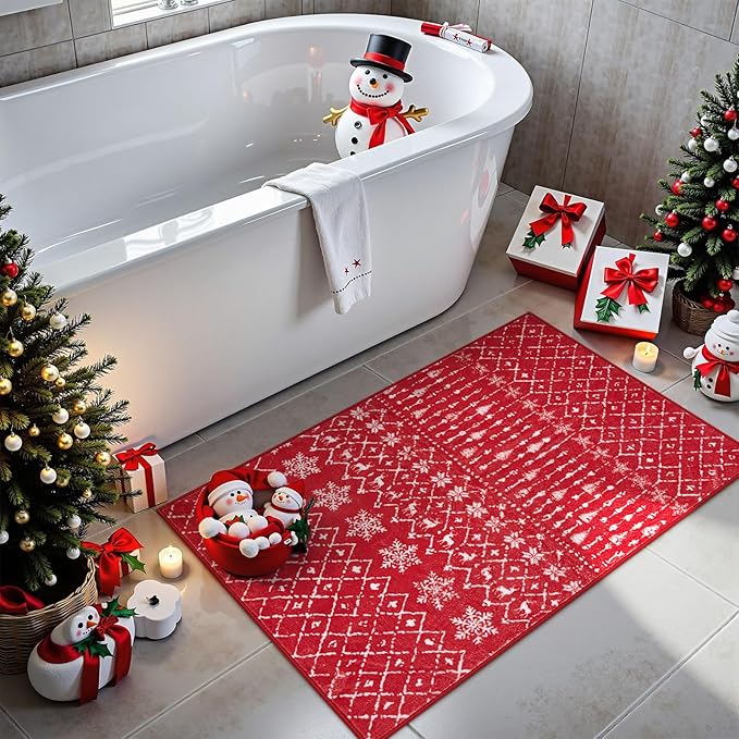 Lahome Christmas Door Mat 2x3 Red Entryway Rug Small Washable Area Rugs Non-Slip Indoor Entry Carpet Throw Soft Bathroom Mat, Snowflake Home Xmas Holiday Decor Thin Floor Doormat Carpet for Bedside
