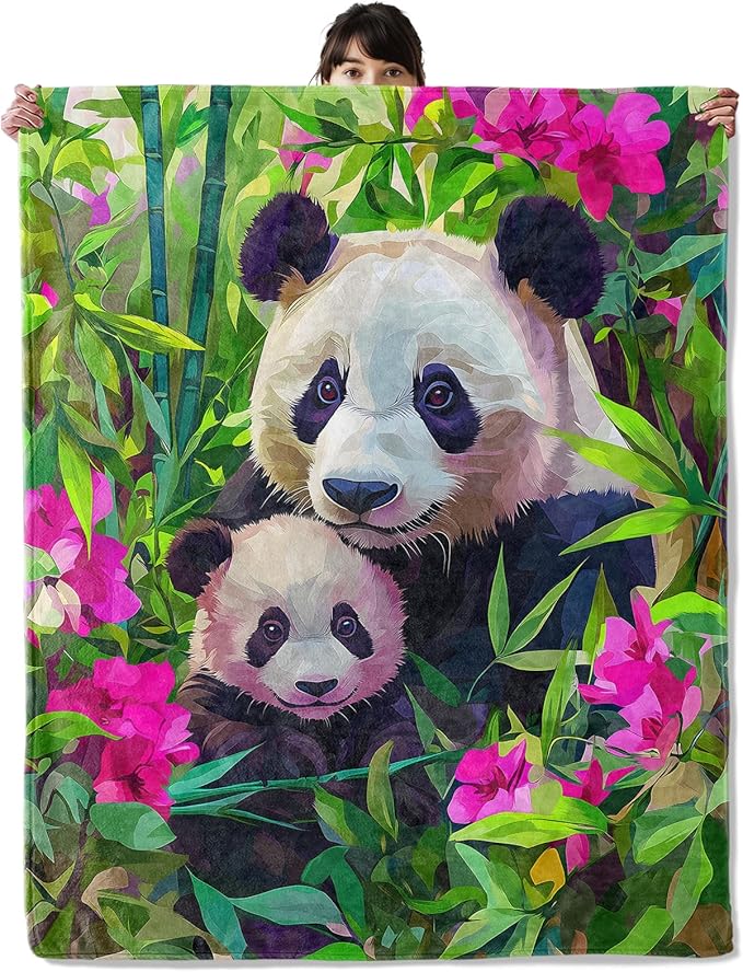 Adorable Panda Blanket, Cozy Flannel Lush Pink Flowers Throw Blanket, Soft Fuzzy Blankets for Travel Home Decor, All Season Lightweight Couch Bed Cover, Gifts for Women Adults Kids 40"×50"