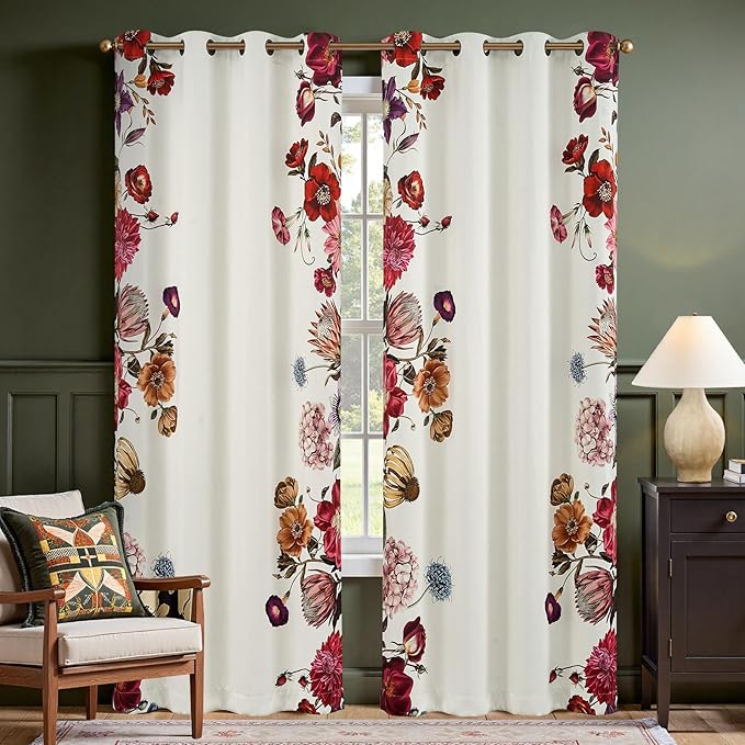 jinchan Hannah Floral Blackout Curtains with Retro Vintage Flower Print Drapes for Bedroom Living Room Fall Decor Winter Window Curtains Room Darkening 84 Inches Length 2 Panels with Grommet Eggshell