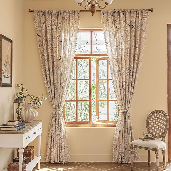 OYX Boho Floral Semi-Blackout Curtains for Bedroom, 2 Panels 52x96 Inches, Grey Rose Vintage Country Pattern with Tassels, Rod Pocket Design, Farmhouse Window Treatments
