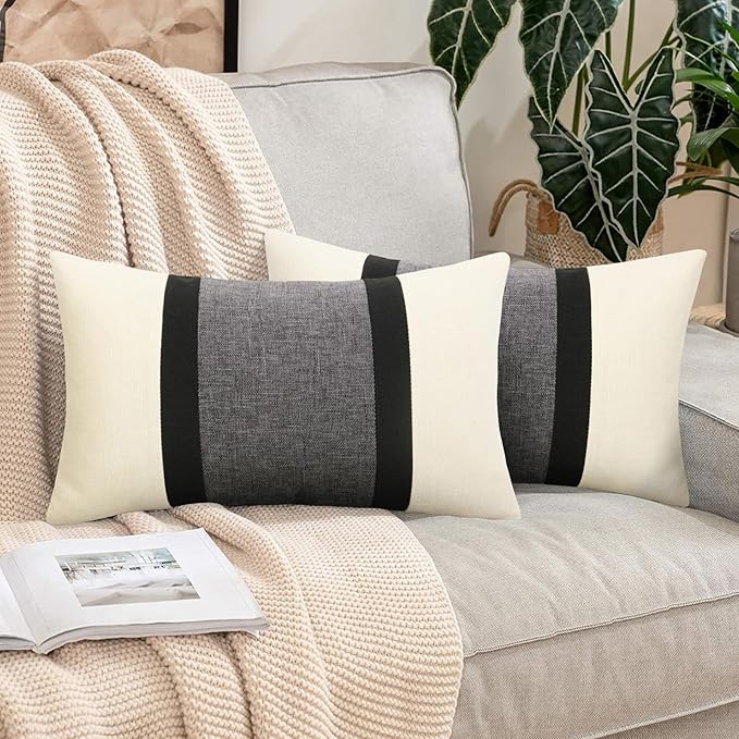 Pyonic 12x20 Pillow Covers Set of 2 Farmhouse Decor Stripe Patchwork Linen Throw Lumbar Pillow Covers Boho Accent Cushion Covers for Couch Sofa,Black White Grey