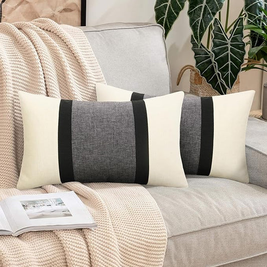 Pyonic 12x20 Pillow Covers Set of 2 Farmhouse Decor Stripe Patchwork Linen Throw Lumbar Pillow Covers Boho Accent Cushion Covers for Couch Sofa,Black White Grey
