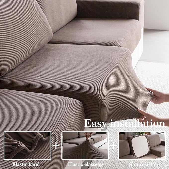 Sectional Couch Covers, Wear Resistant Stretch Sofa Covers Washable Soft Couch Cushion Covers Anti Slip Furniture Protector Sofa Slipcovers for Pets (1 Piece Large Cover, Brown)