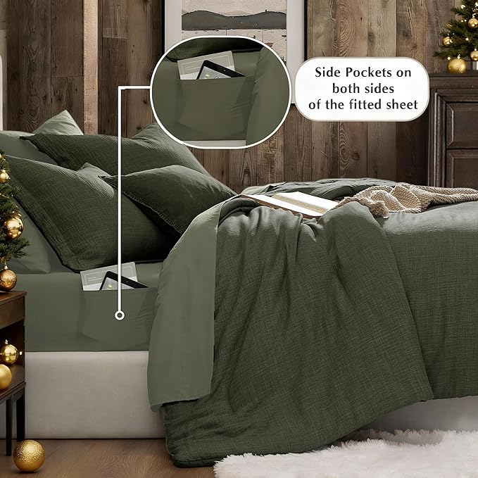 Geniospin Dark Olive Green Queen Comforter Set - 7 Pieces Comforter Queen Size, Solid Bedding Set for All Season, Textured Bed in a Bag with Sheets