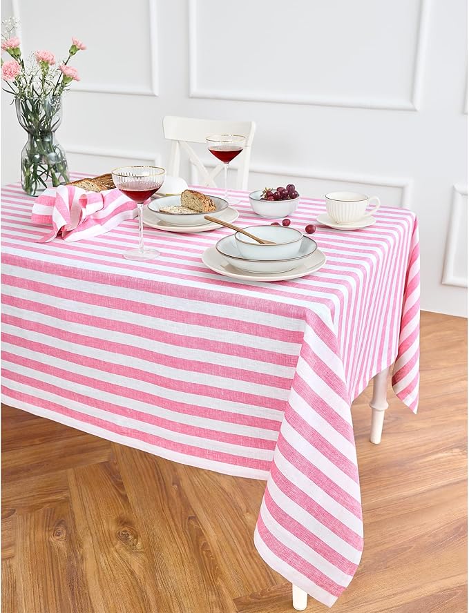 Solino Home Linen Striped Tablecloth 60 x 144 Inch - 100% Pure Linen Chateau Rose and White Table Cloth for Rectangle Tables - Sorrento Stripe, Machine Washable Tablecloth