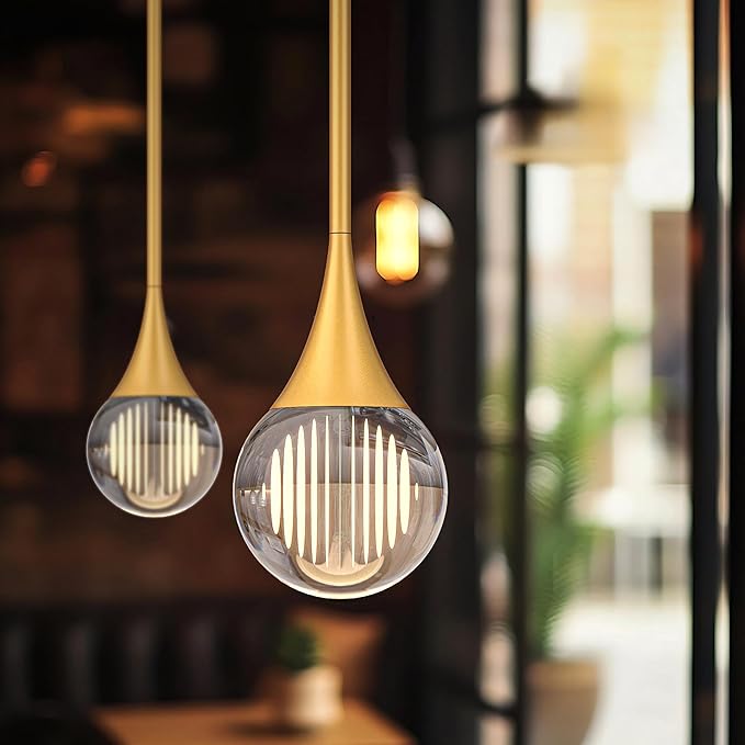 2-Pendant Lights Kitchen Island, Painted Gold Globe Crystal Ceiling Hanging Light Fxitures, LED Light Fixtures Metal Rod Ceiling Glass Pendant Lighting for Kitchen Island Dining Room Bar