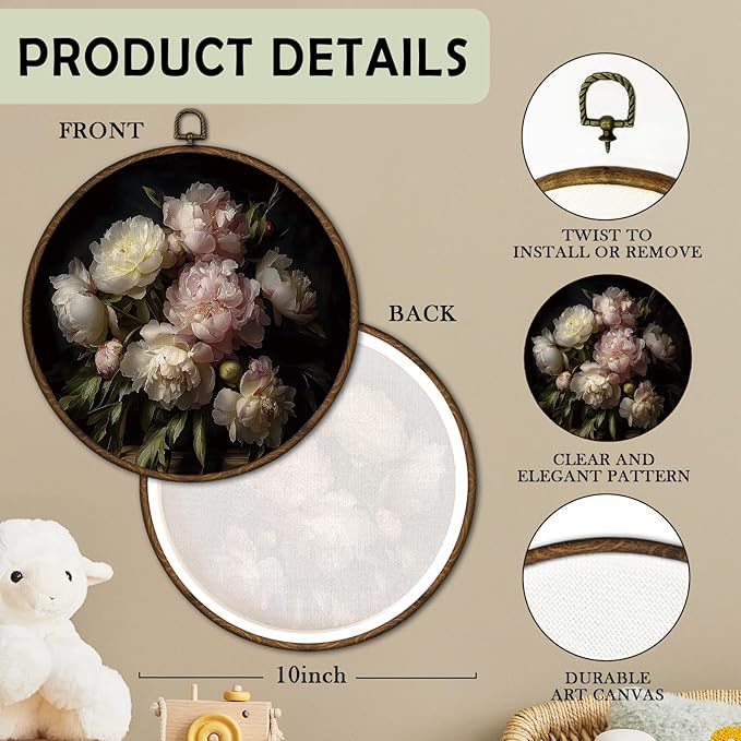 cvjutf Peony Flower Wall Art Decor Framed, Peony Floral Botanical Round Wall Decor, Dark Cottage Core Floral Canvas Prints Art for Gallery Bathroom Bedroom Living Room, 10x10 Inch