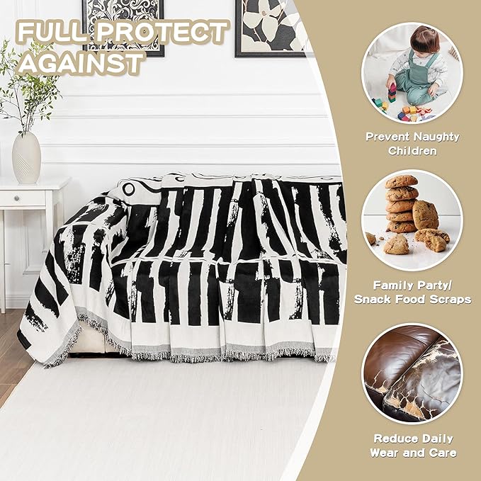 MEETSKY Boho Couch Cover Sofa Covers for Dogs, Couch Cover for Sectional Sofa, Soft Chenille Sofa Slipcover Couch Protector for Pets Protector Furniture Covers, 71" x 118", Black