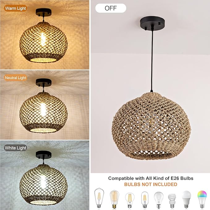 Farmhouse Rattan Pendant Lights, 13.8" Wicker Hand-Woven Rustic Chandelier, Round Hanging Light Fixture for Kitchen Island Bedroom Hallway Entry Living Room Dining Coffee Bar