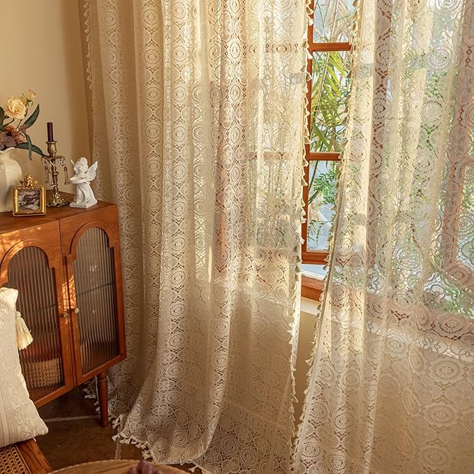 YJ YANJUN Boho Lace Curtains 84 Inches Long 2 Panels Retro Crocheted Cottagecore Curtains with Tassel for Living Room Romantic Rustic Bohemian Farmhouse Drapes for Closet Door Beige/Linen W59 x L84