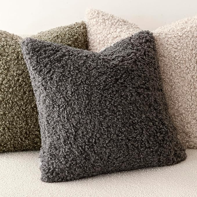 Foindtower 2 Pieces 18x18 Inch Dark Gray, Faux Fur Throw Pillow Cover Accent Sherpa Furry Pillow Covers Fuzzy Soft Pillowcases Cozy Sheepskin Decorative Fleece Cushion Case for Bed Couch Living Room