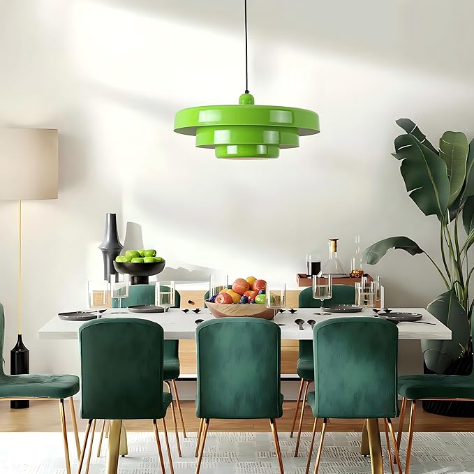 Modern Large Pendant Light Fixture, 17.7 inch Vintage Green Ceiling Hanging Lamp with 3-Layer Metal Shade, Height Adjustable, Mid Century Chandelier for Kitchen Island Lighting,Dining Room