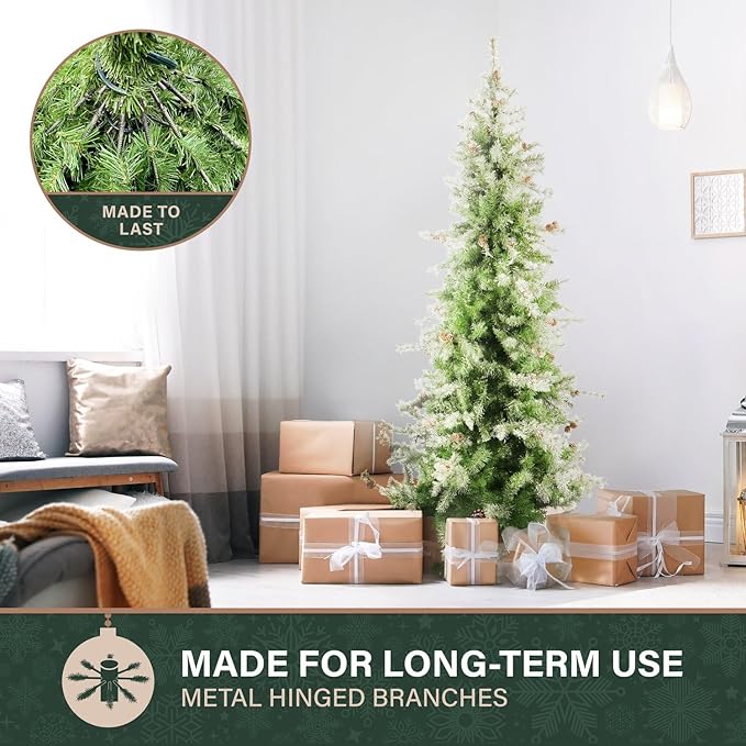 Fraser Hill Farm 7.5-Ft. Buffalo Fir Flocked Artificial Christmas Tree with Stand, Unlit Foldable Fake Tree with Realistic Snowy Foliage for Home Decoration