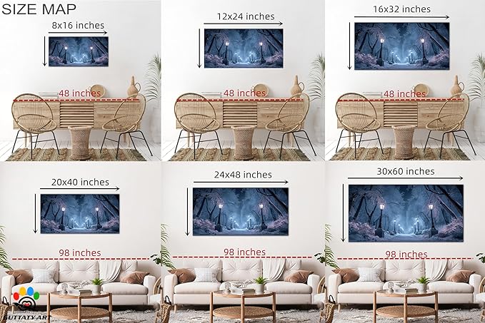GUTTATY Winter Scene Christmas Canvas Wall Art, Blue Frosty Landscape Canvas Prints, Snowy Pathway Illuminated by Street Lamps, Park Winter Pictures Wall Decor for Living Room, Bedroom, 48x24 Inch