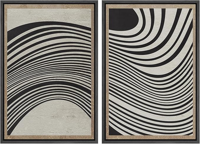 SIGNWIN Framed Canvas Print Wall Art Set Mid-Century Spiral Wave Collage Abstract Shapes Cozy Neutral Minimal Decorative Nordic Zen Bohemian for Living Room, Bedroom, Office - 16"x24"x2 Black