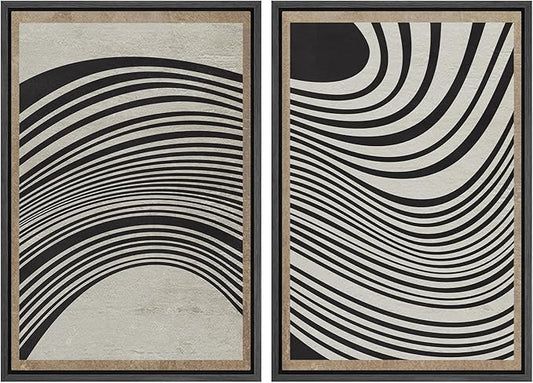 SIGNWIN Framed Canvas Print Wall Art Set Mid-Century Spiral Wave Collage Abstract Shapes Cozy Neutral Minimal Decorative Nordic Zen Bohemian for Living Room, Bedroom, Office - 16"x24"x2 Black