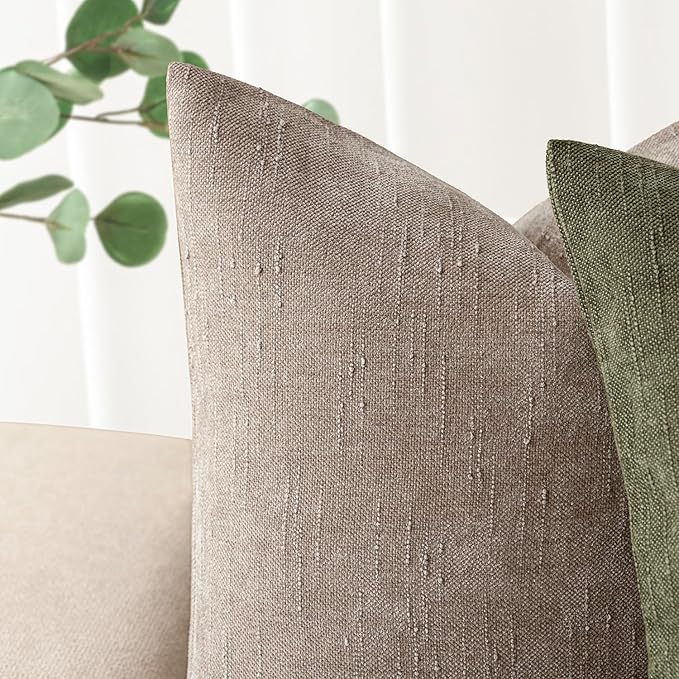 Foindtower Set of 2 Soft Textured Chenille Throw Decorative Pillow Covers Square Accent Solid Cushion Cover Cozy Neutral Farmhouse Pillow Case for Couch Sofa Bedroom Living Room 16x16 Inch,Light Taupe
