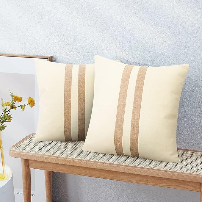 Set of 2 White Linen Patchwork Throw Pillow Covers 18X18 Farmhouse Decorative Square Striped Pillowcases for Couch Sofa Living Room Outdoor Decor
