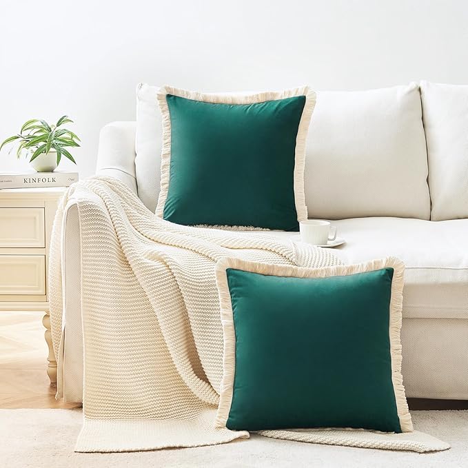 MONDAY MOOSE Decorative Throw Pillow Covers Cushion Cases, Set of 2 Soft Velvet Modern Fringe Tassel Designs, Mix and Match for Home Decor, Pillow Inserts Not Included (Teal Green, 16x16 inch)