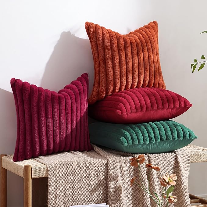 decorUhome Faux Fur Christmas Throw Pillow Covers 16x16 Set of 2, Decorative Soft Plush Striped Neutral Couch Euro Pillow Covers with Velvet Back for Sofa, Bed, Living Room Home Decor, Burgundy