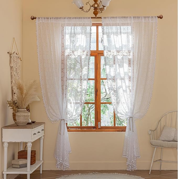YJ YANJUN Bohemian Crochet Curtains 108 Inches Long 2 Panel Sets White Floral Knitted Tassel Semi Sheer Light Filtering Curtains for Bedroom, Living Room, 59" W x 108" L