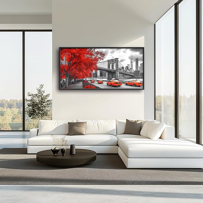 Brooklyn Bridge Large Wall Art Black and White Framed Red Wall Decor for Living Room New York City Pictures Oversized Canvas Print Painting Modern Extra Large Artwork for Bedroom Office 60"x30"