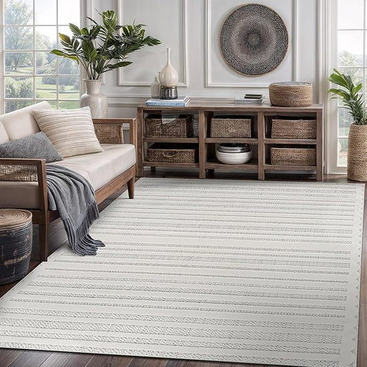 CAMILSON Modern Rug 5x7 Luxury Striped Line Micro Loop Area Rugs Soft High-Low Pile Stain Resistant Easy to Clean Non-Shedding Durable Living Room Bedroom Indoor Carpet (White)