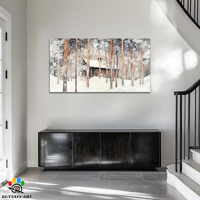 GUTTATY Winter Christmas Cabin Canvas Wall Art, Snow Forest Canvas Painting, Rustic Winter Scene Wall Decor, Textured Canvas Prints Pictures, Holiday Poster for Living Room, Bedroom, 32x16 Inch