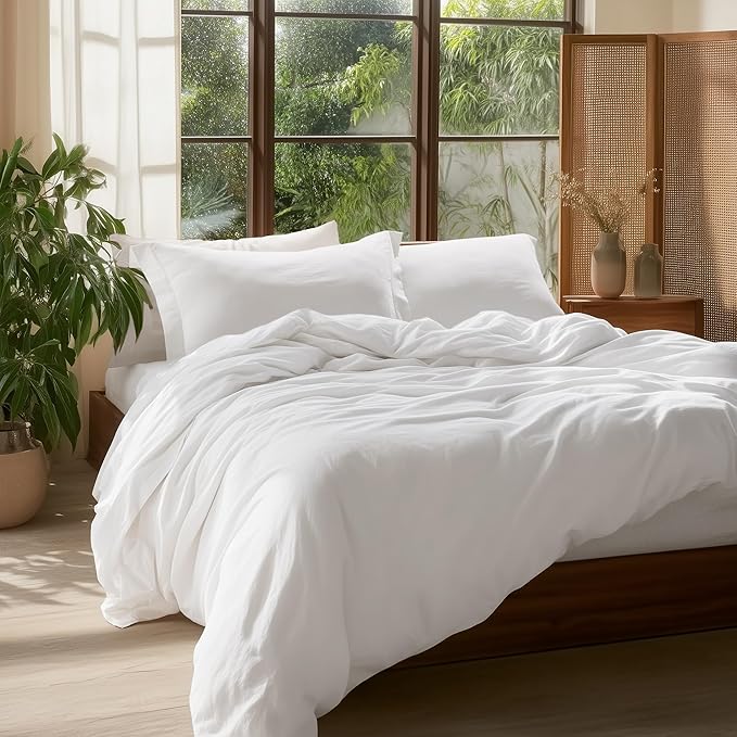 Bedsure 100% Washed Cotton Duvet Cover Oversized Queen - Natural White Minimalist Cotton Duvet Cover Linen Like - GentleSoft™ Plain Simple Bedding (Natural White,Oversized Queen, 98"x98")