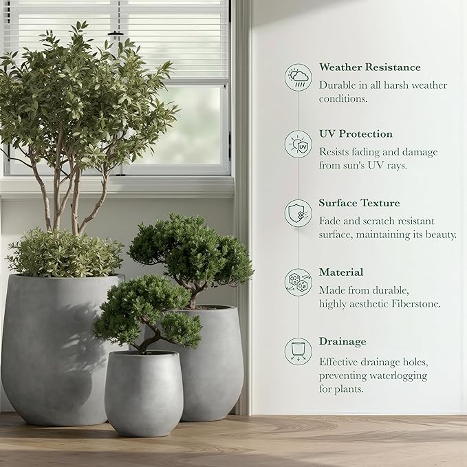 DTY Signature Mount Wilson Modern Indoor Outdoor Fiberstone Tapered Planter, Lightweight, Weather Resistant Garden Pot with Drainage Hole & Rubber Plug, Planter for Christmas Decor - Gray, Large