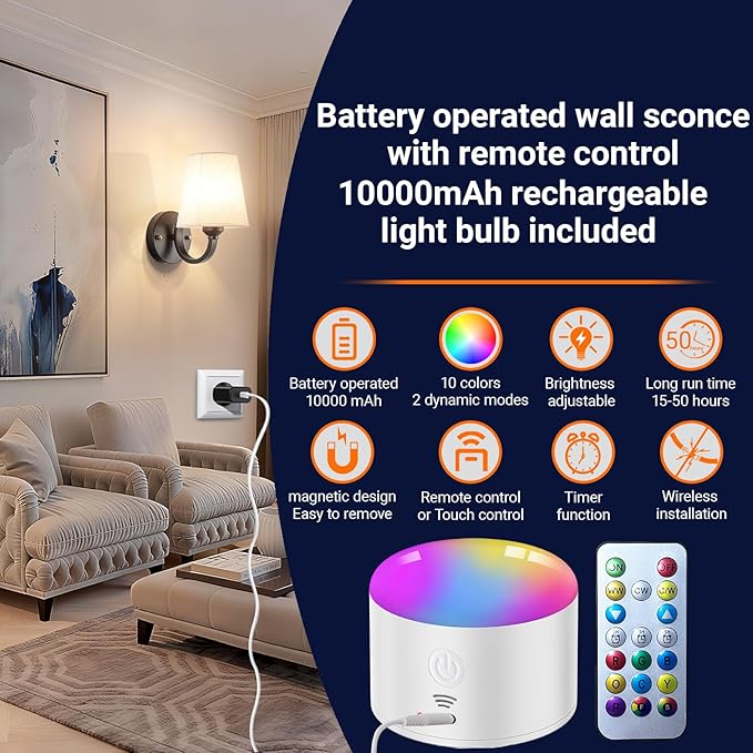 Battery Operated Wall Sconces Set of Two, Indoor Wireless Wall Mounted Lamp with 10000mAh Dimmable Bulb and Remote, RGB Colors Rechargeable Wall Light for Bedroom Living Room Decor