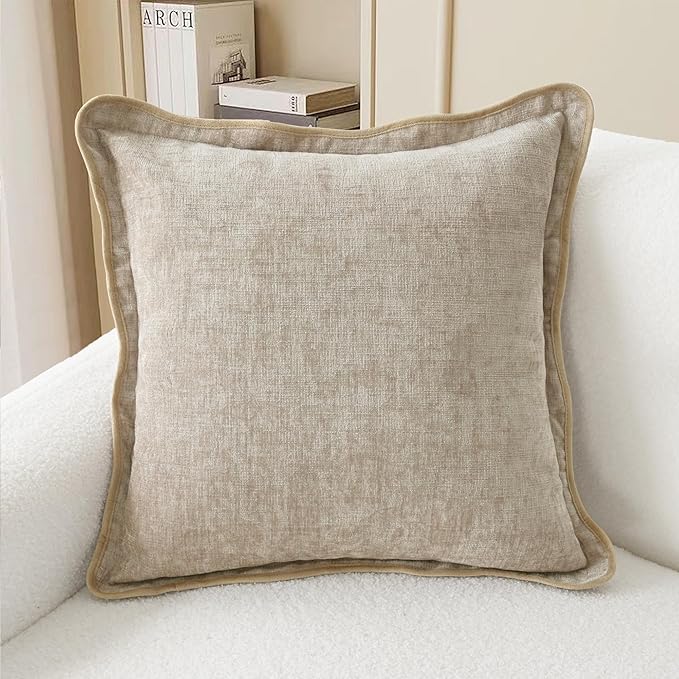 CaliTime Throw Pillow Covers Decorative 18 X 18 Inches Pack of 2 Cozy Chenille Scalloped Wavy Edge Cushion Cases for Couch Sofa Bed Living Room Farmhouse Light Taupe