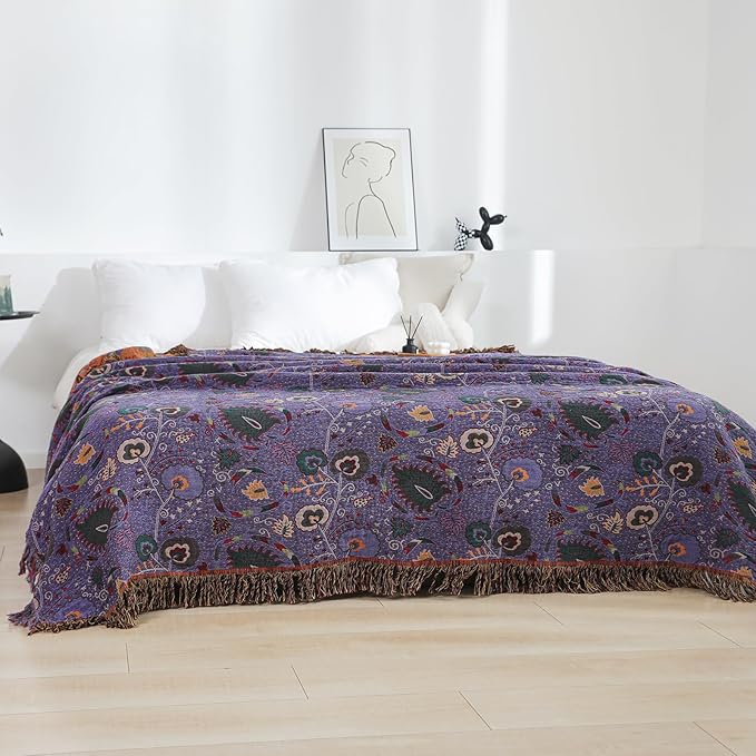 Boho Throw Blanket for Bed 100% Cotton Ultra Soft Rustic Quilt Farmhouse Decor Bed Fall Blanket,All Season Rustic Throw for Sofa Couch Chair (Flower-Purple, 60"×80")