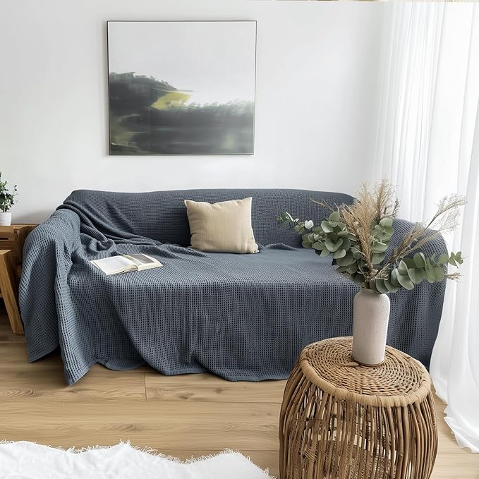 Sectional Couch Cover %100 Cotton - Perfect for L-Shape, U-Shape & Sectional Sofas, Washable Couch Cover, Extra Large Sofa Cover, 3, 4 Seater Slip Cover (Anthracite Blue, 91x134 inches - 230x340 cm)