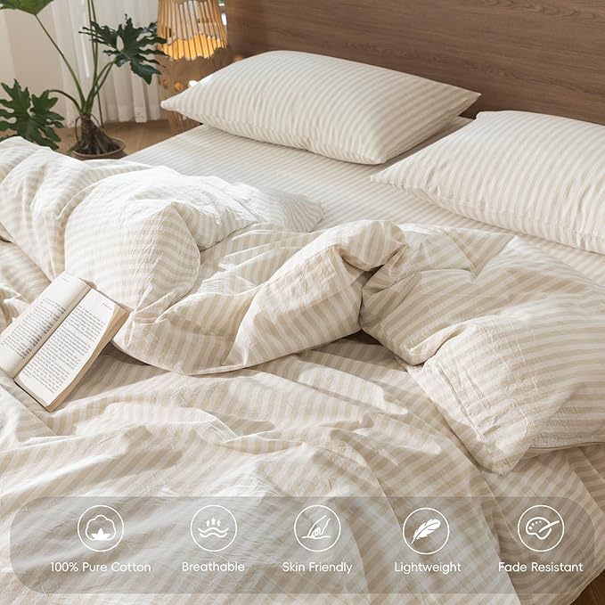 MooMee Striped Duvet Cover Set 100% Washed Cotton Linen Like Textured Breathable Durable Soft Comfy (Almond Milk Grey Classic Stripes, Oversized King Plus 128"x120")