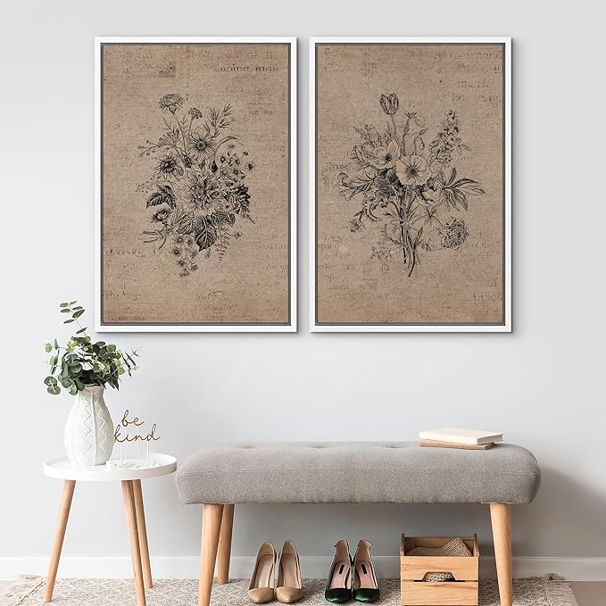 SIGNWIN Framed Canvas Print Wall Art Set Antique Floral Bouquets Vintage Engraved Flowers Modern Minimalism Decorative Nordic for Living Room, Bedroom, Office - 16"x24"x2 White
