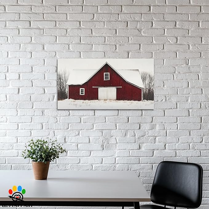 GUTTATY Christmas Winter Scene Canvas Wall Art, Red Barn Snowy Landscape Canvas Painting, Rustic Wall Decor Print for Holiday Living Room, Bedroom, Seasonal Wall Hanging Poster Picture, 48x24 Inch