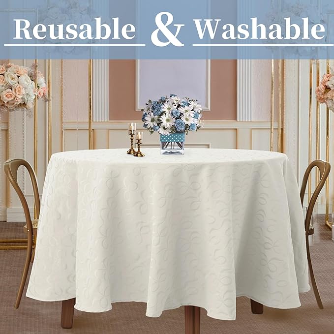 Off White Round Tablecloth 70 Inch Cloth for 5ft Tables (4-6 Seats) - Cotton & Polyester Blend- Fade Resistant - Washable & Reusable - 1PC Circle Table Cover for Wedding, Party & Dining, Bows Jacquard