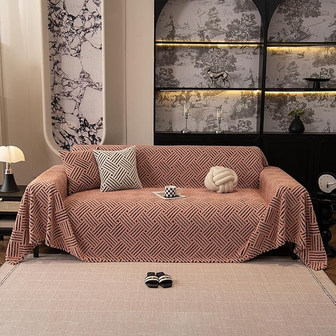 ROOMLIFE Striped Boho Pink Couch Cover for 2-3 Cushion Sofa, Fuzzy Plush Warm Sofa Slipcovers Sectional Sofas Covers, Non Slip Washable Furniture Protector Soft with Tassel,Winter 71''X118”