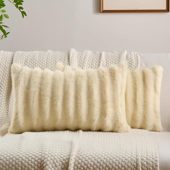 FUTEI Beige Decorative Throw Pillow Covers 12x20 Inch Set of 2,Soft Fluffy Faux Rabbit Fur Dyeing Striped Textured Lumbar Pillow Case,Modern Home Decor for Couch Bed Living Room