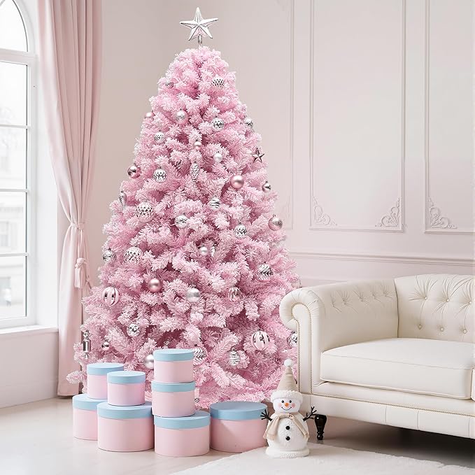 YITAHOME 7.5 FT Prelit Pink Flocked Christmas Tree, Pre-Lit Pink Spruce Artificial Christmas Tree with 1346 PVC Flocked Tips and 550 Warm-White Lights for Home, Office Decoration