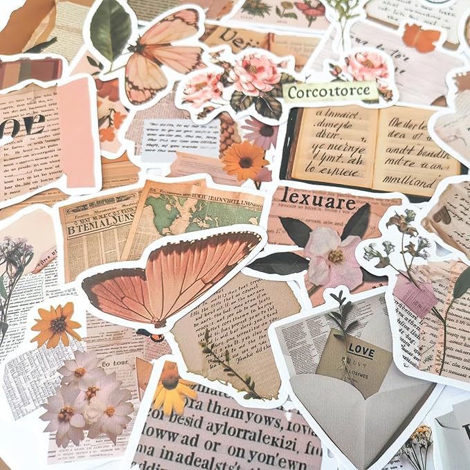 Yoksas 50Pcs Vintage Old Antique Newspaper Words Stickers - Cottagecore Old Looking Stickers for Scrapbook Supplies,Journaling,Planner,Laptops